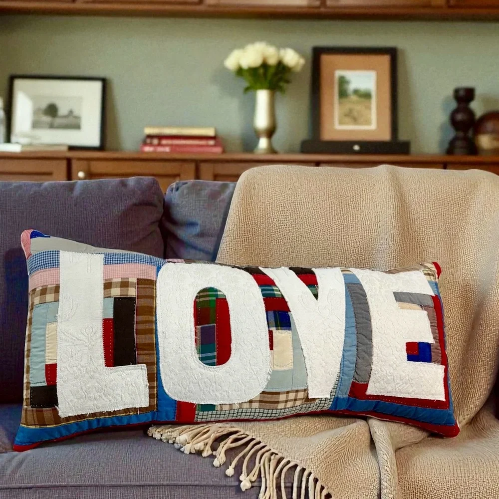 Log Cabin Quilt‎ Up Cycled into a LOVE Pillow with White and Multicolor Design